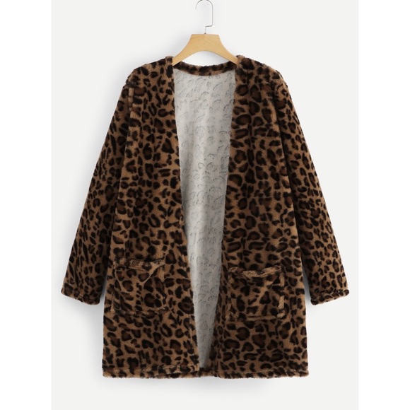 Leopard print teddy cardigan pockets faux fur - Picture 5 of 8